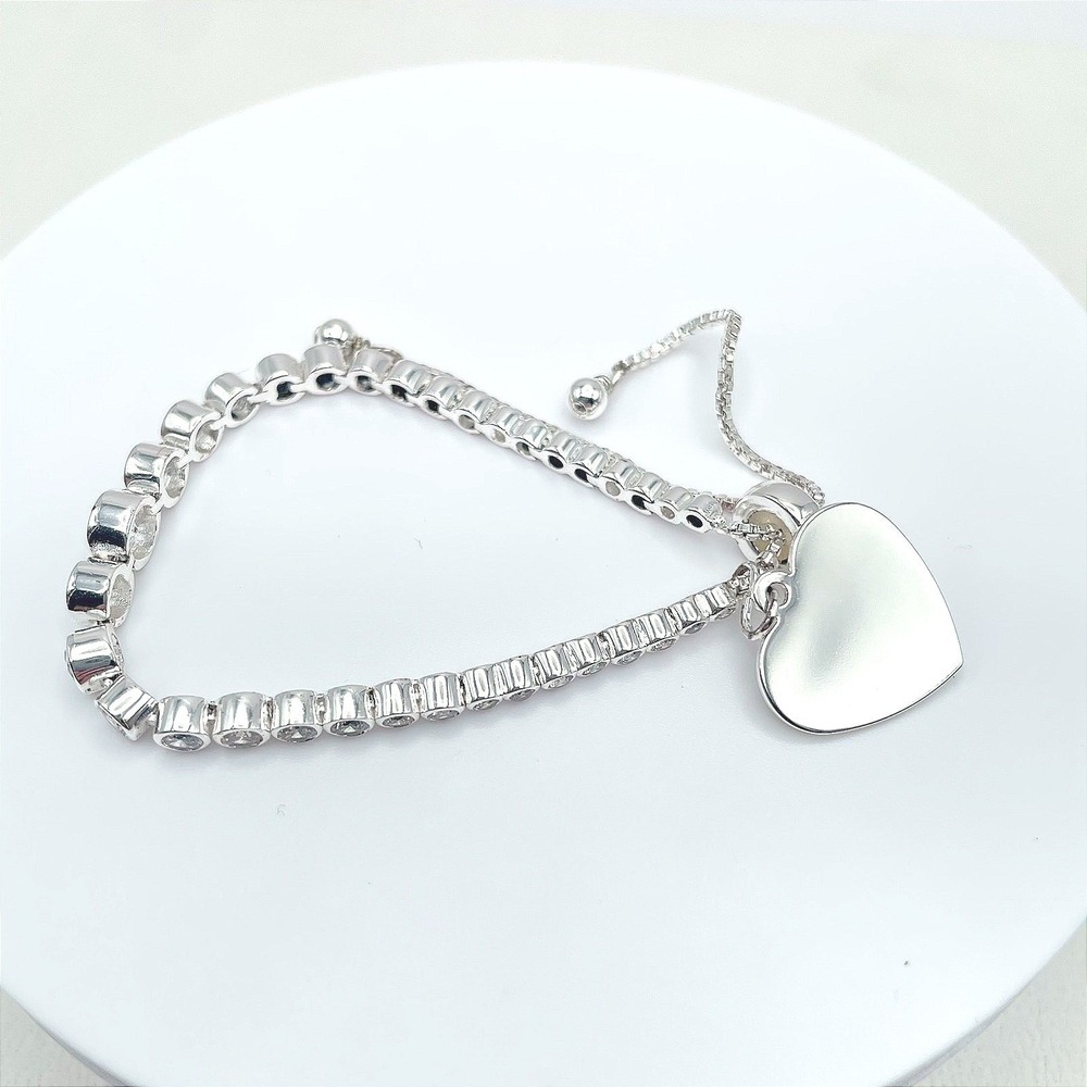 Bolo-Style Silver-Tone Romantic Rhinestone Beaded Heart Motif Slider Bracelet
